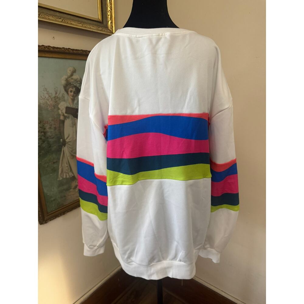 Oversized Neon Stripe Sweatshirt White Pink Blue Lime XL Retro Y2K - Picture 3 of 8
